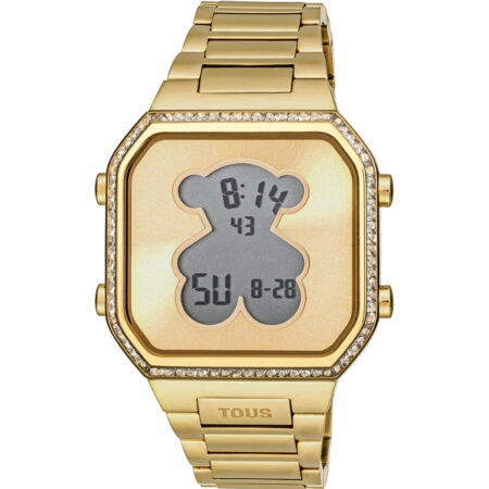 Reloj digital multifunción, en acero IPG dorado en color amarillo y decorado con circonitas en el bisel  D-Beard.