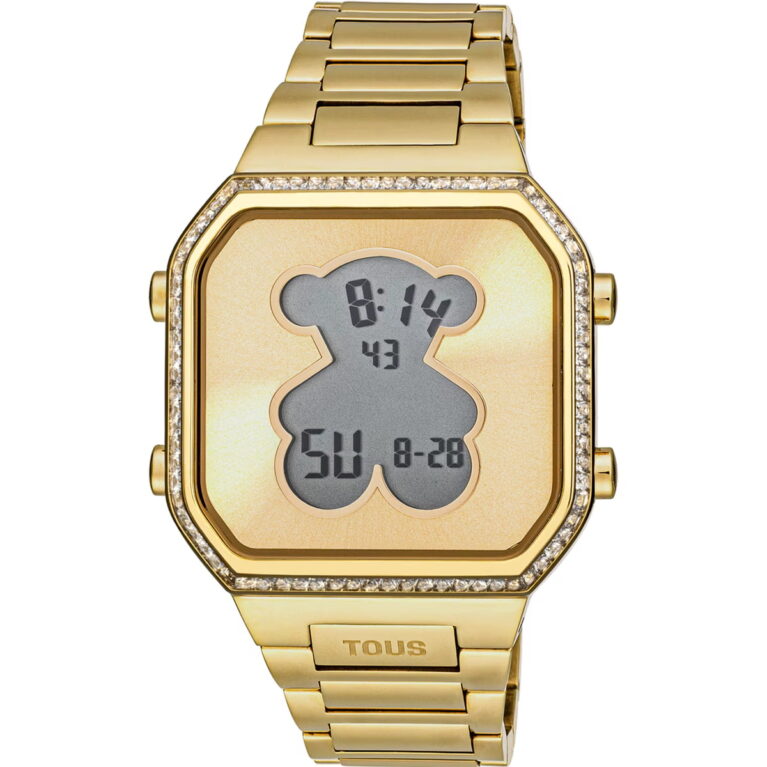 Reloj digital multifunción, en acero IPG dorado en color amarillo y decorado con circonitas en el bisel  D-Beard.